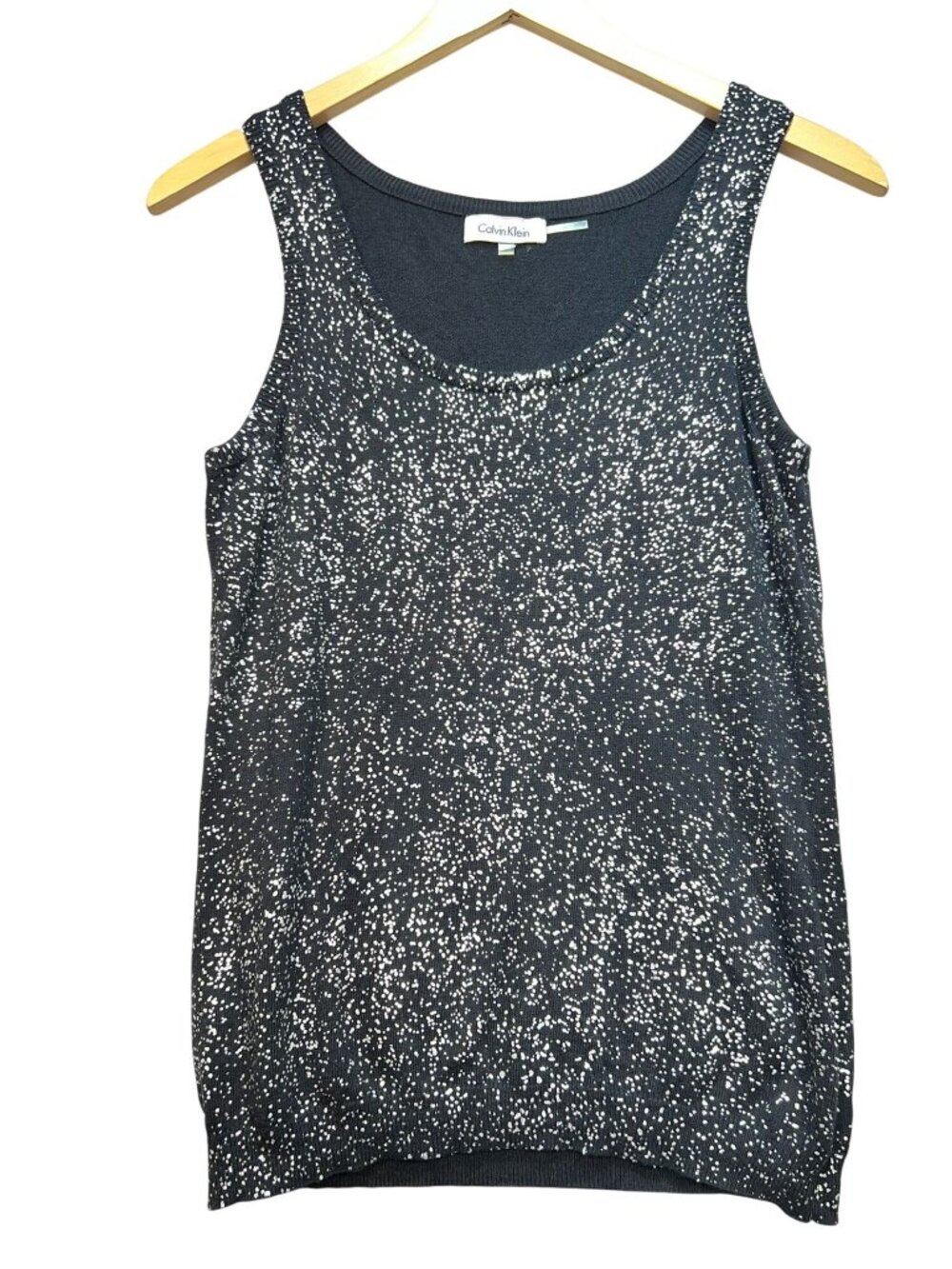 Calvin Klein Womens Knit Tank Top Black M Metallic Speckled Scoop Neck Casual